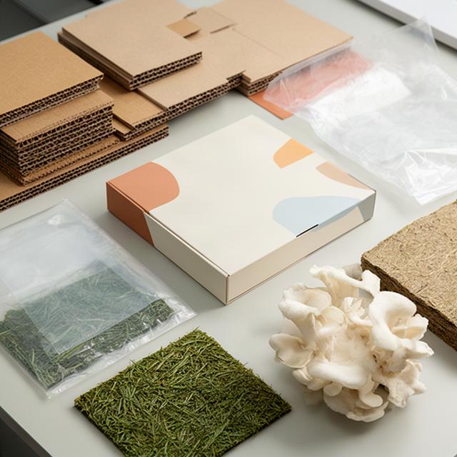Sortiment aus Wellkarton, Vollkarton und Biofolie neben einer fertigen Verpackung