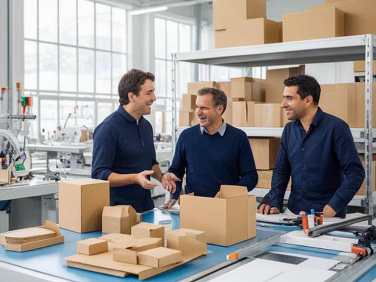 Team von Moderne Pack in der hellen Produktionshalle in Bussy bei einer Verpackungsbesprechung