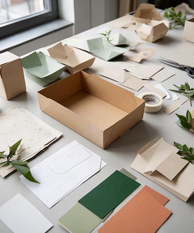 FSC-zertifizierte Kartonverpackungen und plastikfreie Muster auf einem Arbeitstisch im Designstudio