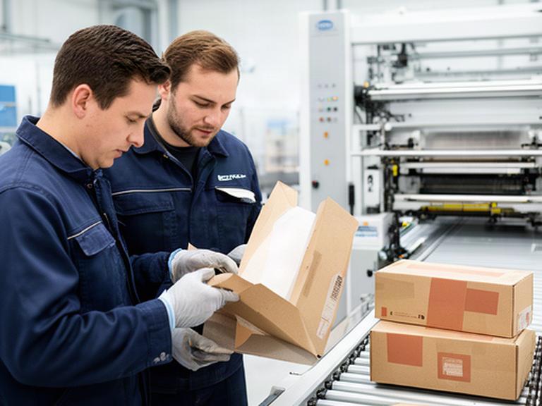 Mitarbeitende prüfen bedruckte Kartonverpackungen neben einer Produktionslinie in Bussy im Kanton Waadt