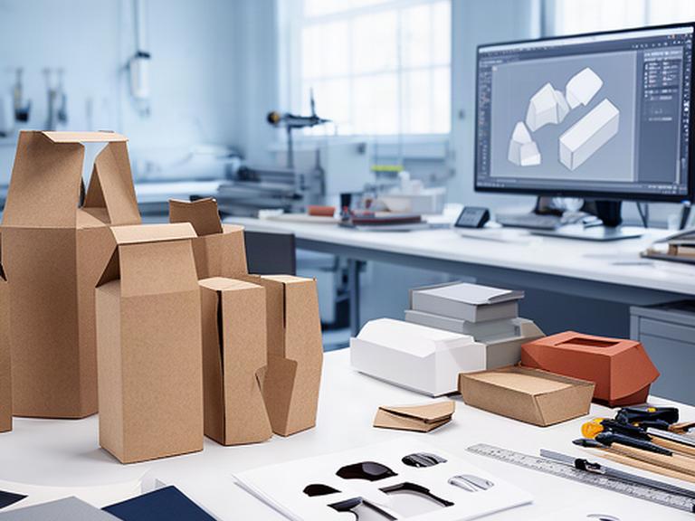 Moderne Verpackungsentwicklung mit Kartonmustern, CAD-Entwurf und bedruckten Schachteln in einer hellen Werkstatt