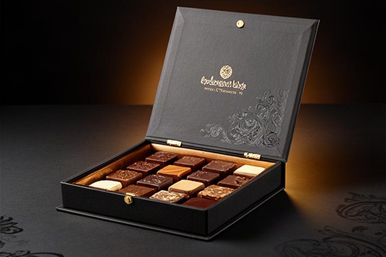 Schokoladenverpackung mit Magnetverschluss und goldener Prägung auf einem dunklen Präsentationstisch