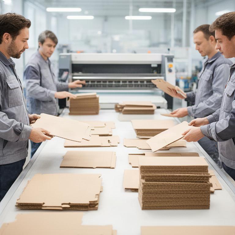 Mitarbeitende prüfen flache Verpackungszuschnitte in einer hellen Produktionsumgebung