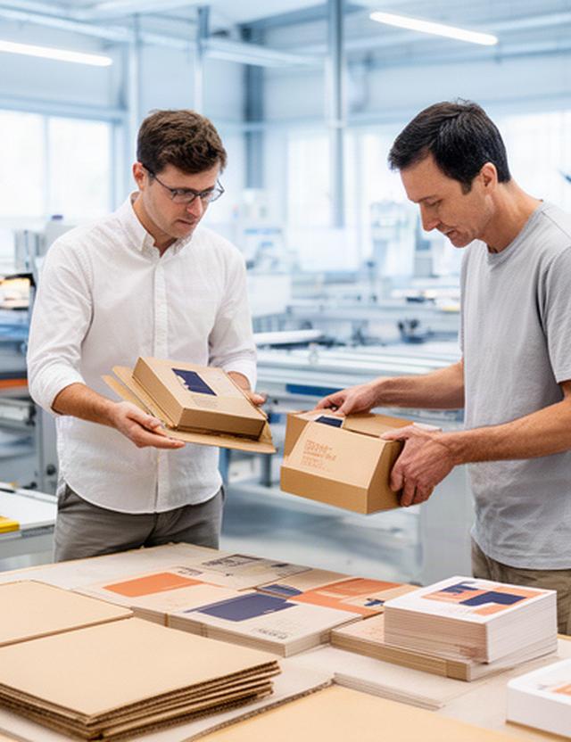 Mitarbeitende prüfen bedruckte Kartonverpackungen an einem Tisch in einer hellen Produktionshalle im Kanton Waadt