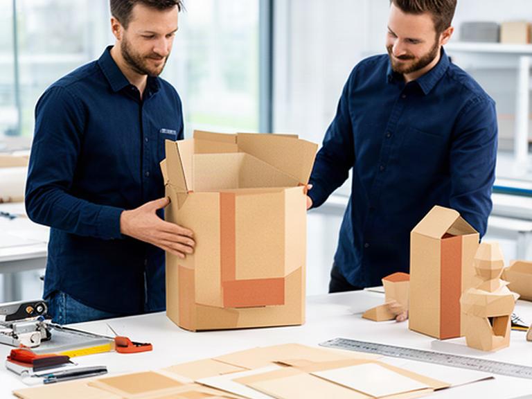 Verpackungsfachleute prüfen eine bedruckte Kartonschachtel an einem hellen Arbeitstisch in Bussy