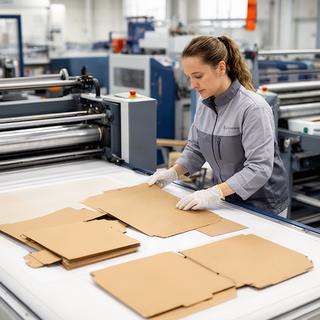 Riva Trpevska, Produktionsleiter, bei der Qualitätskontrolle von bedruckten Kartonagen