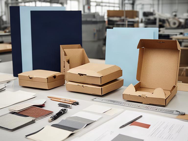 Geordnete Verpackungsunterlagen und Musterkartons auf einem Arbeitstisch in einer Schweizer Produktionsumgebung