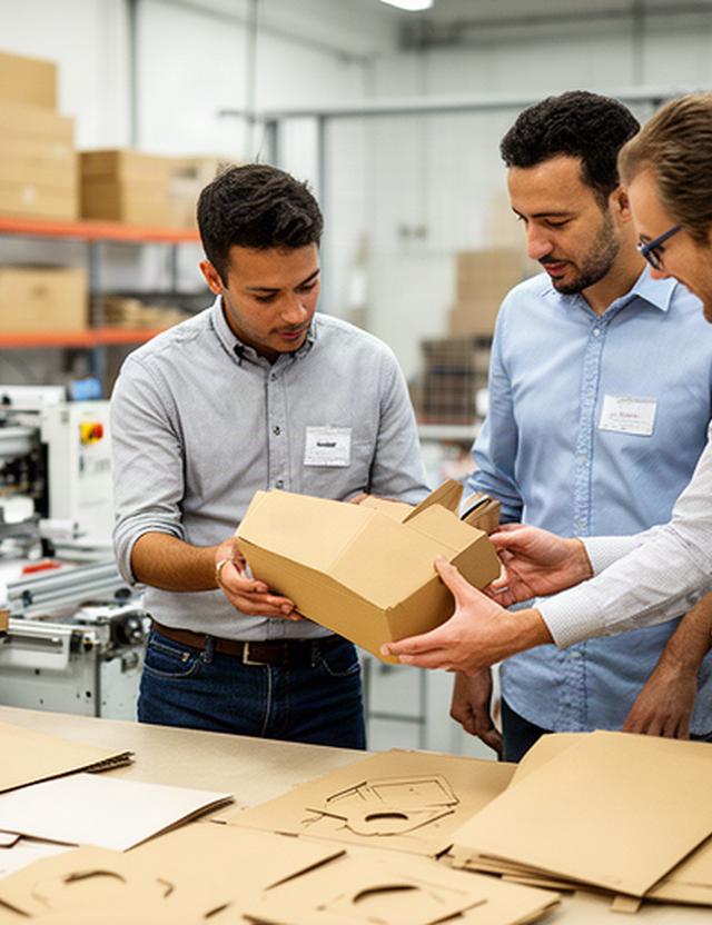 Verpackungsteam bei der Prüfung eines bedruckten Kartonprototyps in der Produktionswerkstatt von Moderne Pack