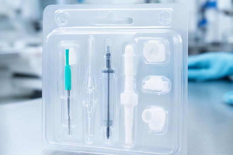 Transparente Blisterverpackung für medizinische Geräte in einer sauberen Produktionsumgebung