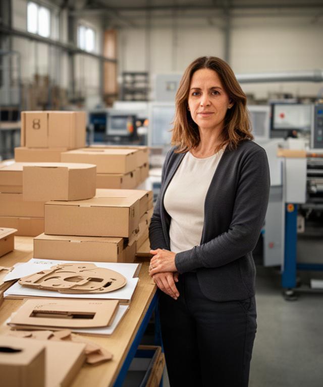 Produktionsleiterin von Moderne Pack neben Kartonagen und Stanzformen in der Schweizer Fertigung