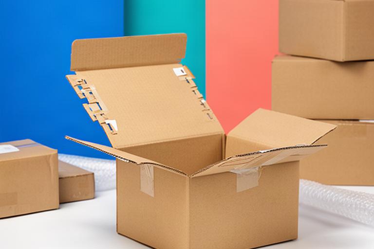 Bedruckte Versandverpackung in kräftigen Markenfarben mit geöffnetem wiederverschliessbarem Deckel